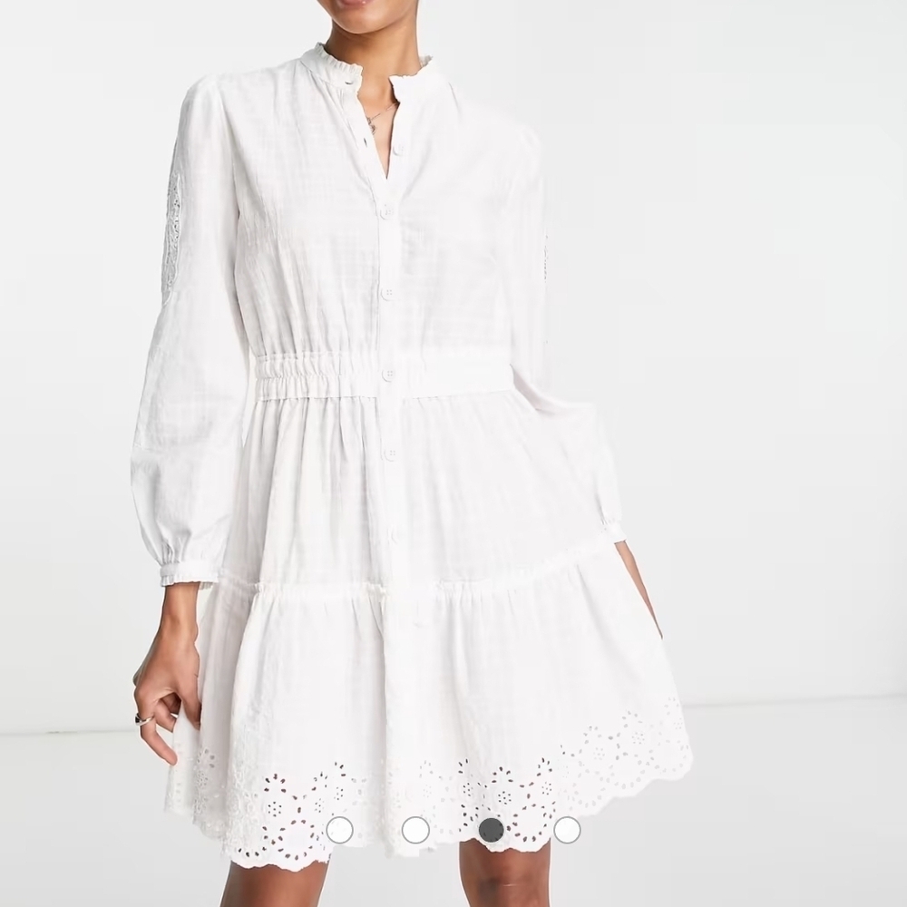 Sundress White Eyelet Tiered Mini Dress with Ruffle Neck